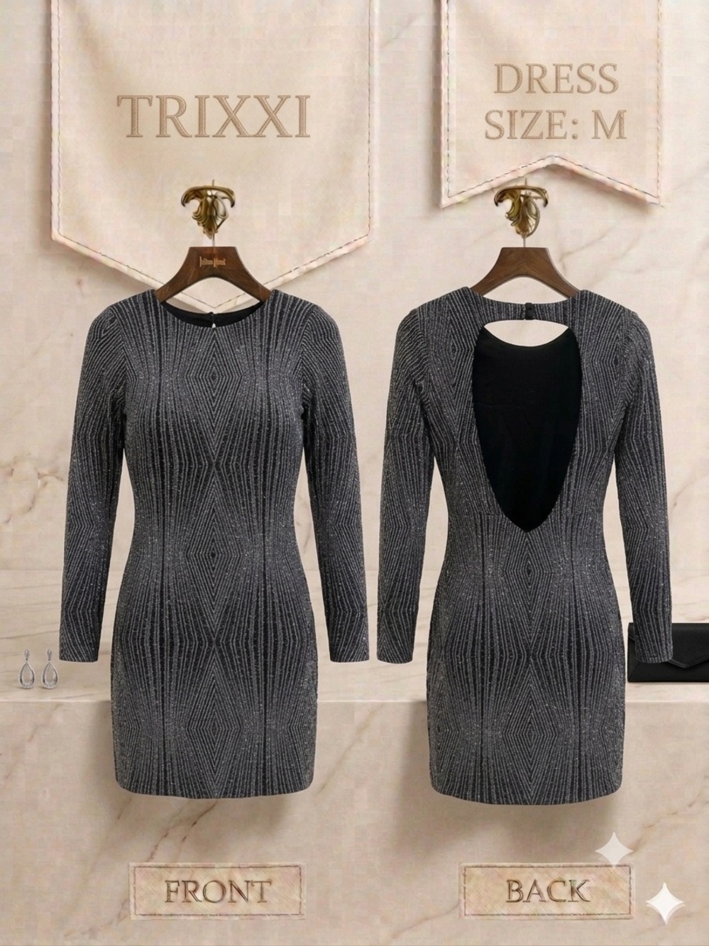 Trixxi Black Silver Metallic Diamond Glitter Dress Cutout Back Size: Medíum